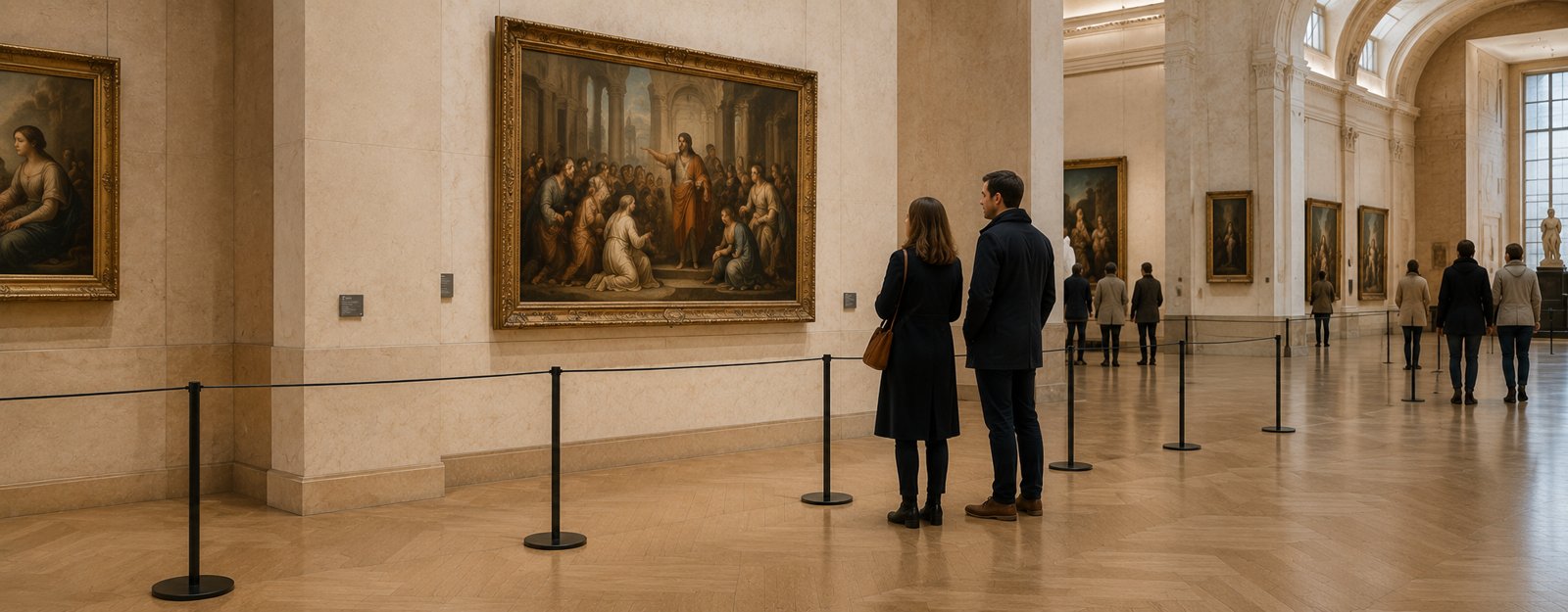 Poteau à corde élastique de 90 cm assurant la mise à distance dans un musée